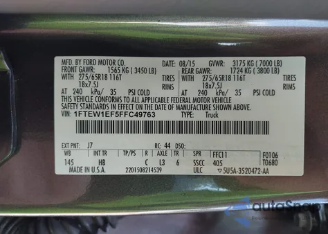 2015 Ford F-150 Lariat from USA, damaged, VIN 1FTEW1EF5FFC49763